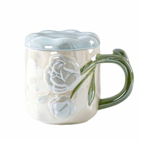 Perłowy Kubek Z Pokrywką 450 Ml Róże + Pudełko Na Prezent Kb02N