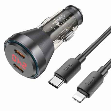 Hoco Ładowarka Samochodowa 2 X Typ C Qc 30W Z Wyświetlaczem + Kabel Typ C Do Lightning Pd60W Nz12C Transparentna Czarna