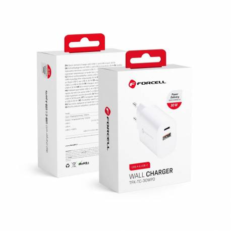 Forcell Ładowarka Sieciowa ze złączem USB typ C - 3A 30W z dwoma portami: USB C i USB A z ładowaniem PD i QC 4.0