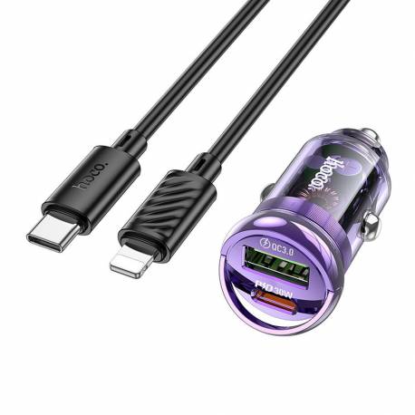 Hoco Ładowarka Samochodowa Usb Qc3.0 + Typ C + Kabel Typ C Do Apple Lightning 8-Pin Pd 30W Z53A Fioletowa
