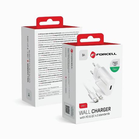 Ładowarka Sieciowa Forcell ze złączem USB typ C i kablem lightning - 3A 20W z funkcją ładowania PD i QC 4.0