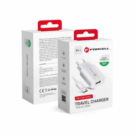 Ładowarka Sieciowa Forcell z kablem USB typ C - 2,4A z funkcją Quick Charge 3.0