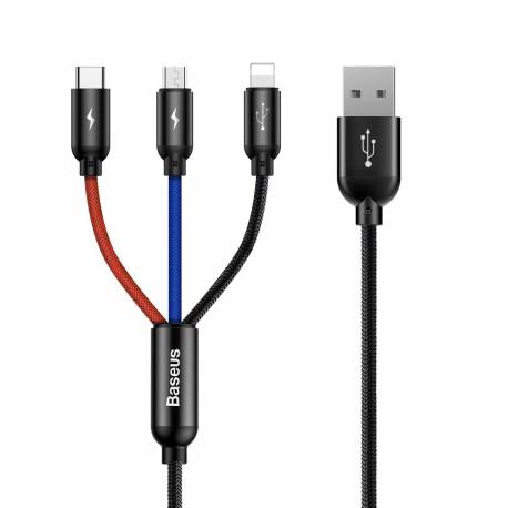 Kabel Baseus Three Primary Colors 3W1 Usb-A - Micro Usb / Lightning / Usb-C 3.5A 0,3 M - Czarny