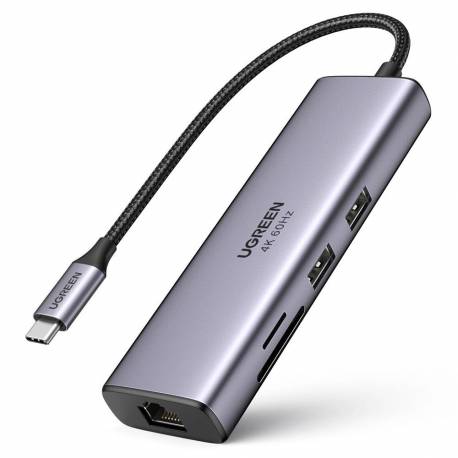 Hub 7W1 Ugreen Cm512 Usb-C / 2X Usb-A 3.2 / Hdmi 4K / Czytnik Sd Tf / Usb-C Pd 100W / Rj45 - Szary