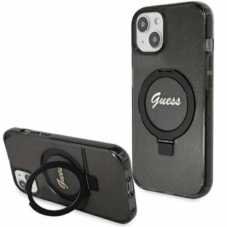 Etui Guess Ring Stand Script Glitter Magsafe Na Iphone 13 / 14 / 15 - Czarne