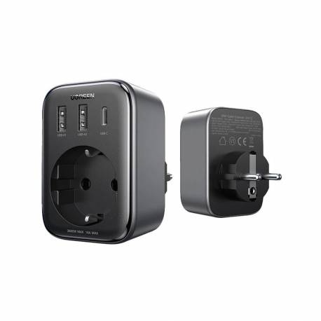 Ładowarka Sieciowa 30W (2Xusb/usb C/ac) / Adapter Eu - Eu 13A Ugreen Cd314 - Czarna