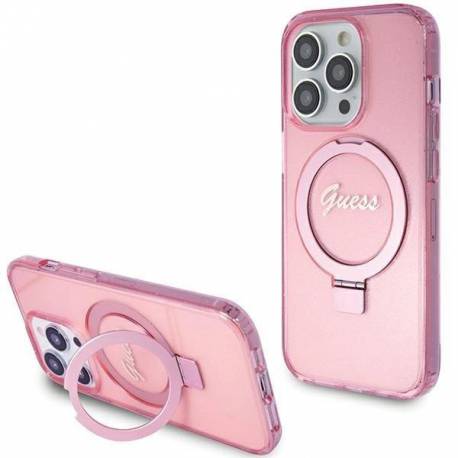 Etui Guess Ring Stand Script Glitter Magsafe Na Iphone 15 Pro - Różowe