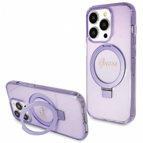 Etui Guess Ring Stand Script Glitter Magsafe Na Iphone 13 Pro / 13 - Fioletowe