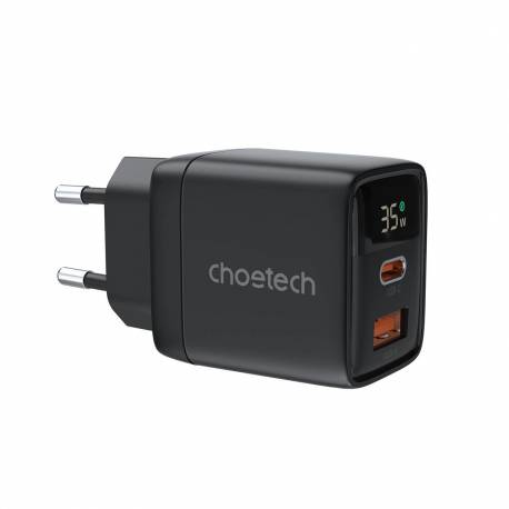 Ładowarka Sieciowa Choetech Pd6052 Usb-C Usb-A Pd 35W Gan Z Wyświetlaczem - Czarna