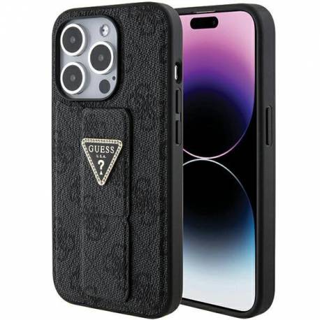Etui Guess Grip Stand 4G Triangle Strass Na Iphone 15 Pro - Czarne
