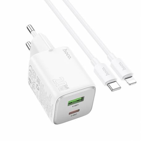 Hoco Ładowarka Sieciowa Usb A + Typ C + Kabel Typ C Do Lightning Pd Qc 3A 20W N41 Biała