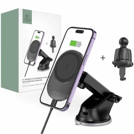 Uchwyt Tech-Protect Mm15W-V1 Samochodowy Na Telefon Z Ładowarką Indukcyjną Magsafe 15W Na Kokpit / Kratkę Nawiewu - Czarny