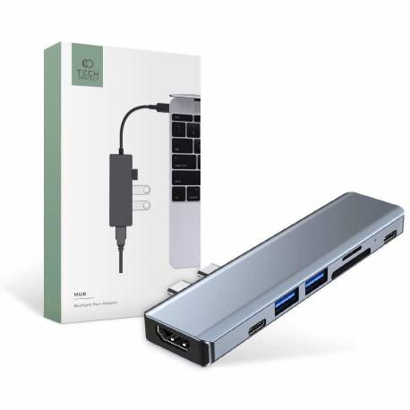 Hub Tech-Protect V5 7W1 2X Usb-C - Usb-A 3.0 / Usb-A 2.0 / 2X Usb-C / Hdmi / Czytnik Kart Micro Sd / Tf / Sd - Szary