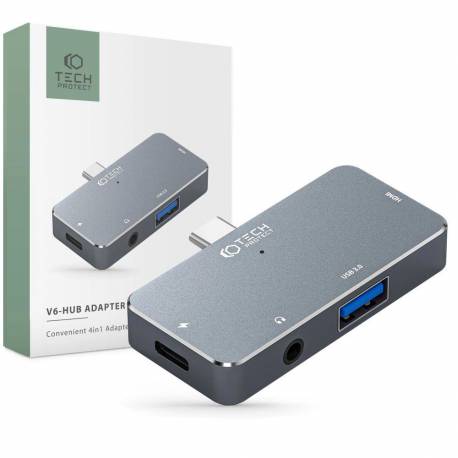Hub Tech-Protect V6 4W1 Usb-C - Usb-A 3.0 / Usb-C Pd100W / Hdmi / Mini Jack 3.5Mm - Szary