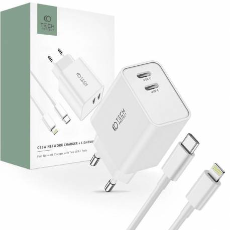 Ładowarka Tech-Protect C35W Sieciowa 2X Usb-C Pd 35W Z Kablem Usb-C / Lightning - Biała