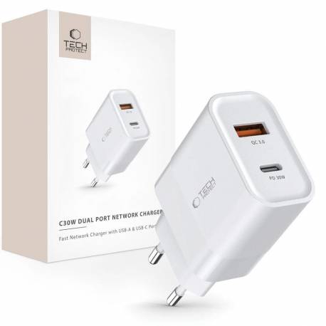 Ładowarka Tech-Protect C30W Sieciowa Usb-C Pd 30W / Usb-A Qc 3.0 - Biała