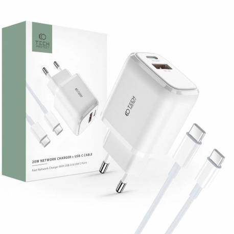 Ładowarka Tech-Protect C20W Sieciowa Usb-C Pd 20W / Usb-A Qc 3.0 Z Kablem Usb-C / Usb-C - Biała