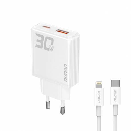 Ładowarka Sieciowa Gan Dudao A30Eul 30W Usb-A / Usb-C + Kabel Usb-C - Lightning - Biała