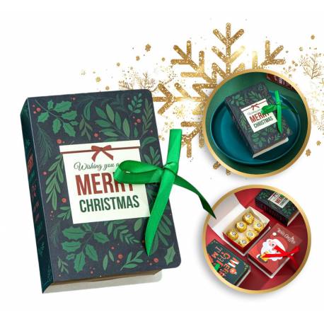 Pudełko Prezentowe Ozdobne Zielone, Merry Christmas Z Kokardą 13X9X4,5 Cm Opo33