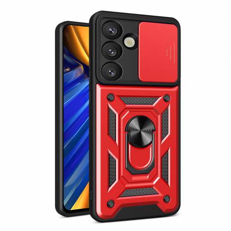 Etui Pancerne Hybrid Armor Camshield Z Osłoną Aparatu I Metalowym Ringiem Do Samsung Galaxy S25 - Czerwone