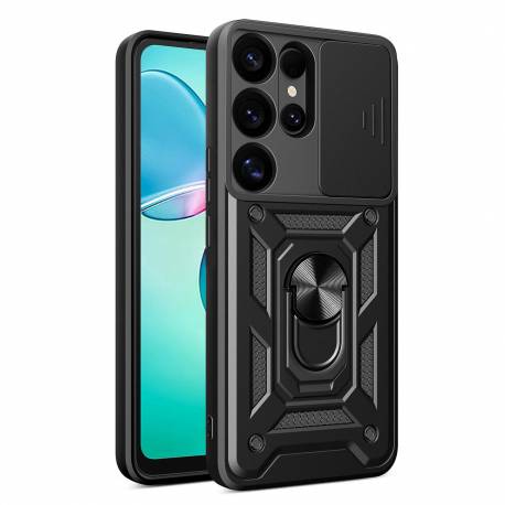 Etui Pancerne Hybrid Armor Camshield Z Osłoną Aparatu I Metalowym Ringiem Do Samsung Galaxy S25 Ultra - Czarne
