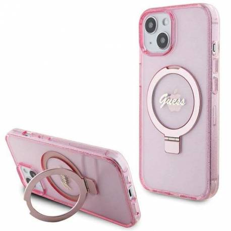 Etui Guess Ring Stand Script Glitter Magsafe Na Iphone 15 Plus / 14 Plus - Różowe
