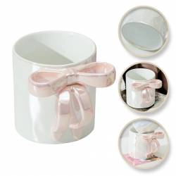 Kubek Ceramiczny Biały Perłowy Z Różową Kokardą 350Ml 1Szt Cup23