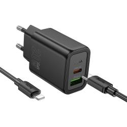 Hoco Ładowarka Sieciowa Usb A + Typ C + Kabel Typ C Do Typ C Pd Qc3.0 3A 20W N61 Czarna
