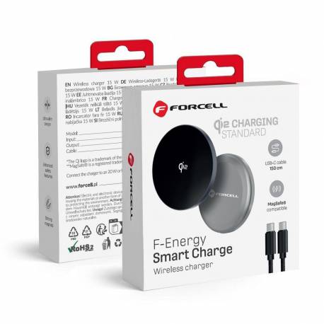 Forcell F-Energy Smart Charge Qi2 15W Ładowarka Indukcyjna Z Odpinanym Kablem 150Cm Kompatybilna Z Magsafe Srebrny