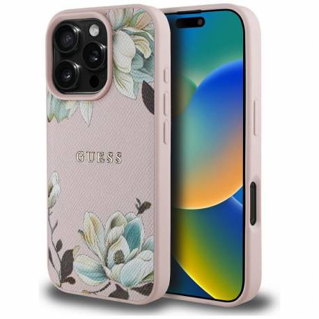 Guess Futerał Do Iphone 16 Pro Max Kompatybilny Z Magsafe Guhmp16Xpgnmplmp (Pu Grained Flowers Classic Logo) Różowy