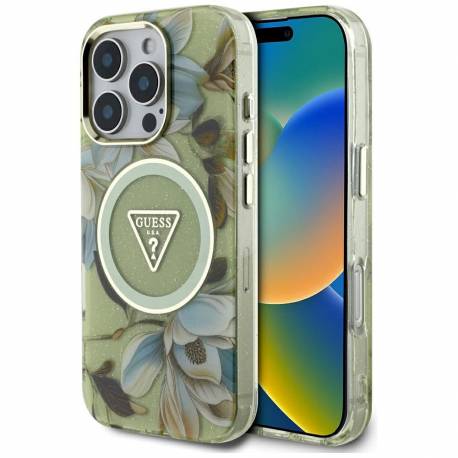 Guess Futerał Do Iphone 16 Pro Kompatybyliny Z Magsafe Guhmp16Lhflpedn (Iml Metal Glitter Flowers Triangle) Zielony