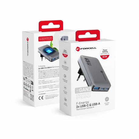 Forcell F-Energy Gan Vt-47 Ultra Slim Ładowarka Sieciowa 2 X Typ C + Usb A Pd Qc4.0 4A 65W Szara
