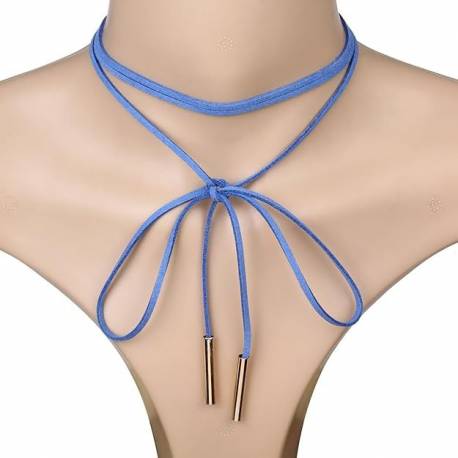 Naszyjnik Choker Skórzany Wiązany Niebieski Złoton N390N