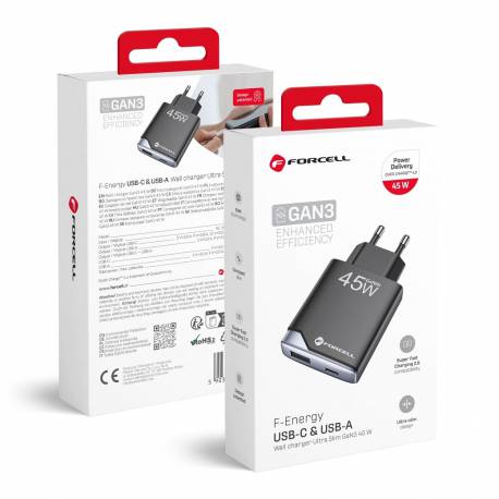 Forcell F-Energy Gan Iii B245202(1A1C) Ultra Slim Ładowarka Sieciowa 1 X Typ C + 1 X Usb A Pd Qc4.0 3A 45W Czarna